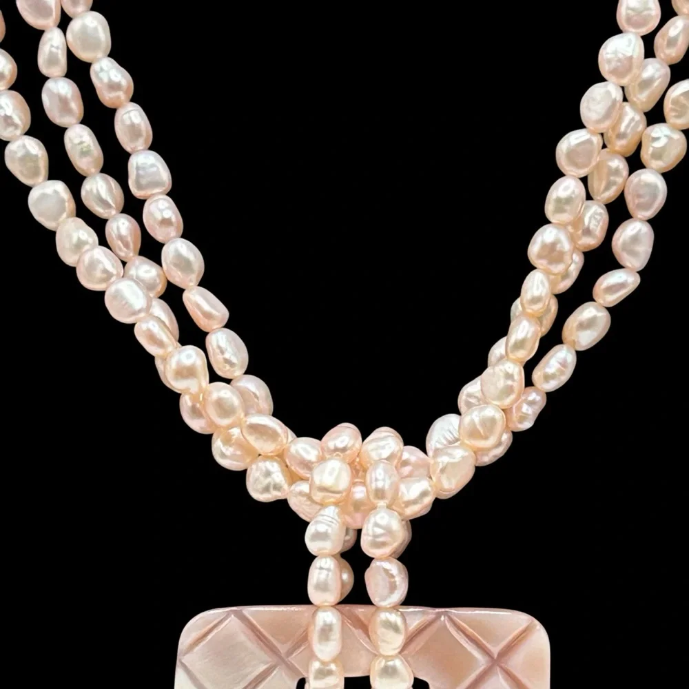 Triple Strand Pink Cultured Pearl Necklace Carved Shell Pendant